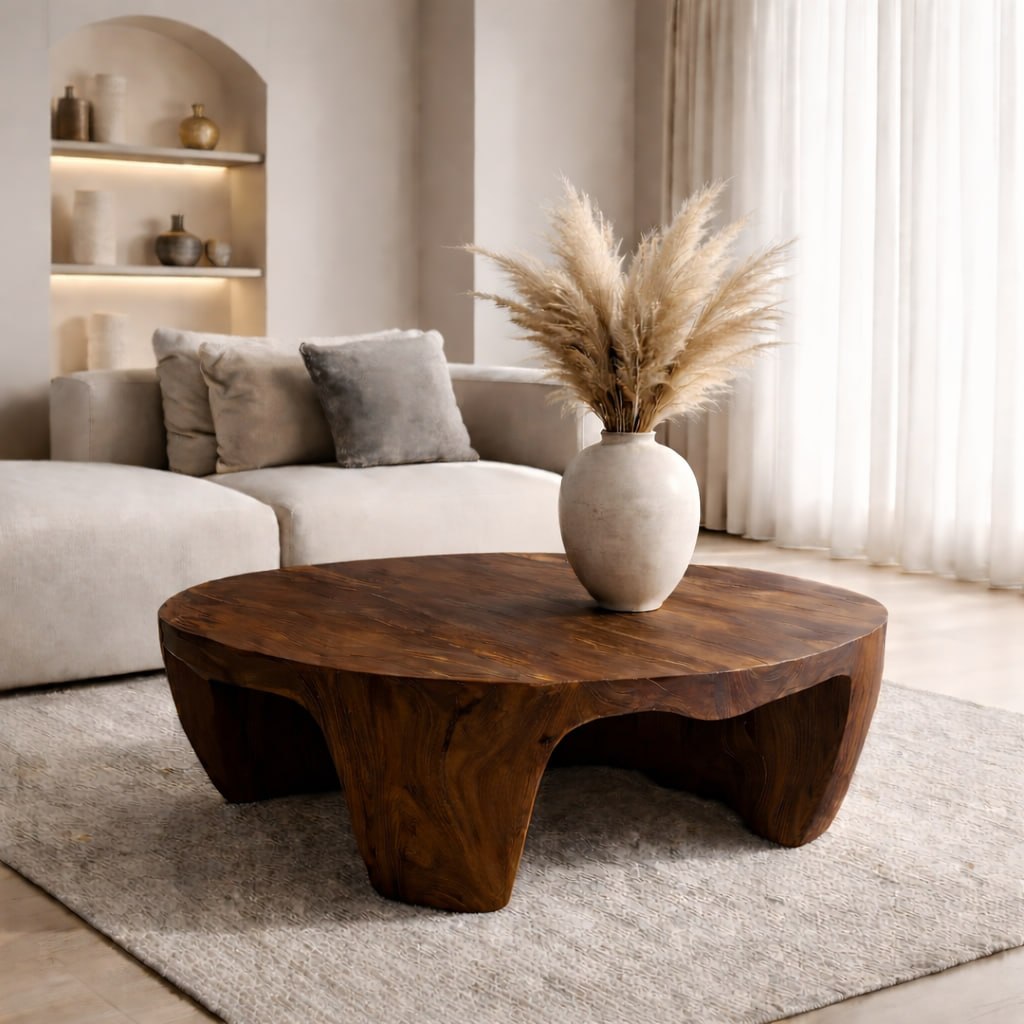 Solid Wood Round Coffee Table with Sculptural Base and Organic Carved Design