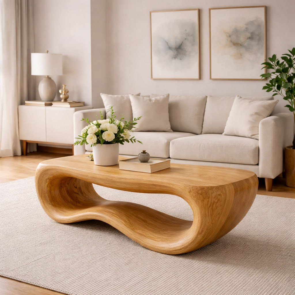 Solid Wood Coffee Table with Sculptural Wave Base and Organic Hand-Carved Design