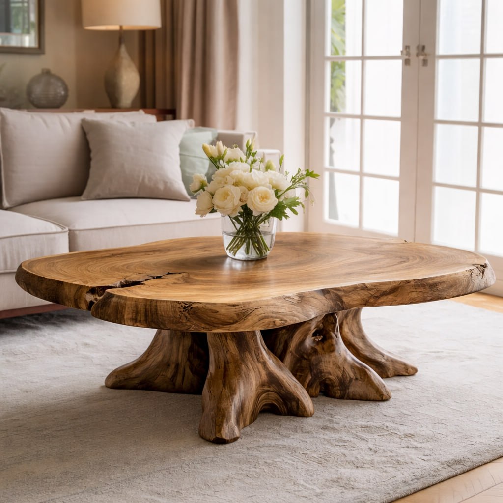 Solid Wood Live Edge Coffee Table with Tree Root Base and Natural Rustic Design