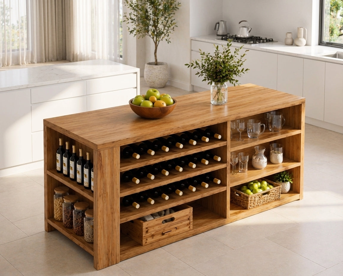 Solid Wood Kitchen Island with Wine Rack & Storage Shelves