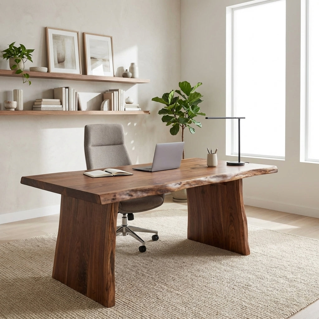 Solid Wood Live Edge Desk – Modern Minimalist Office Table with Sculptural Base