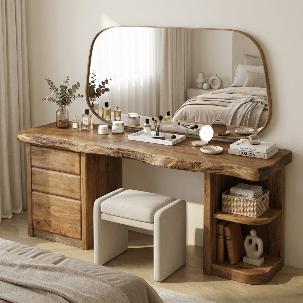 Solid Wood Makeup Vanity Desk with Live Edge Top, 3 Drawers and Open Side Shelves