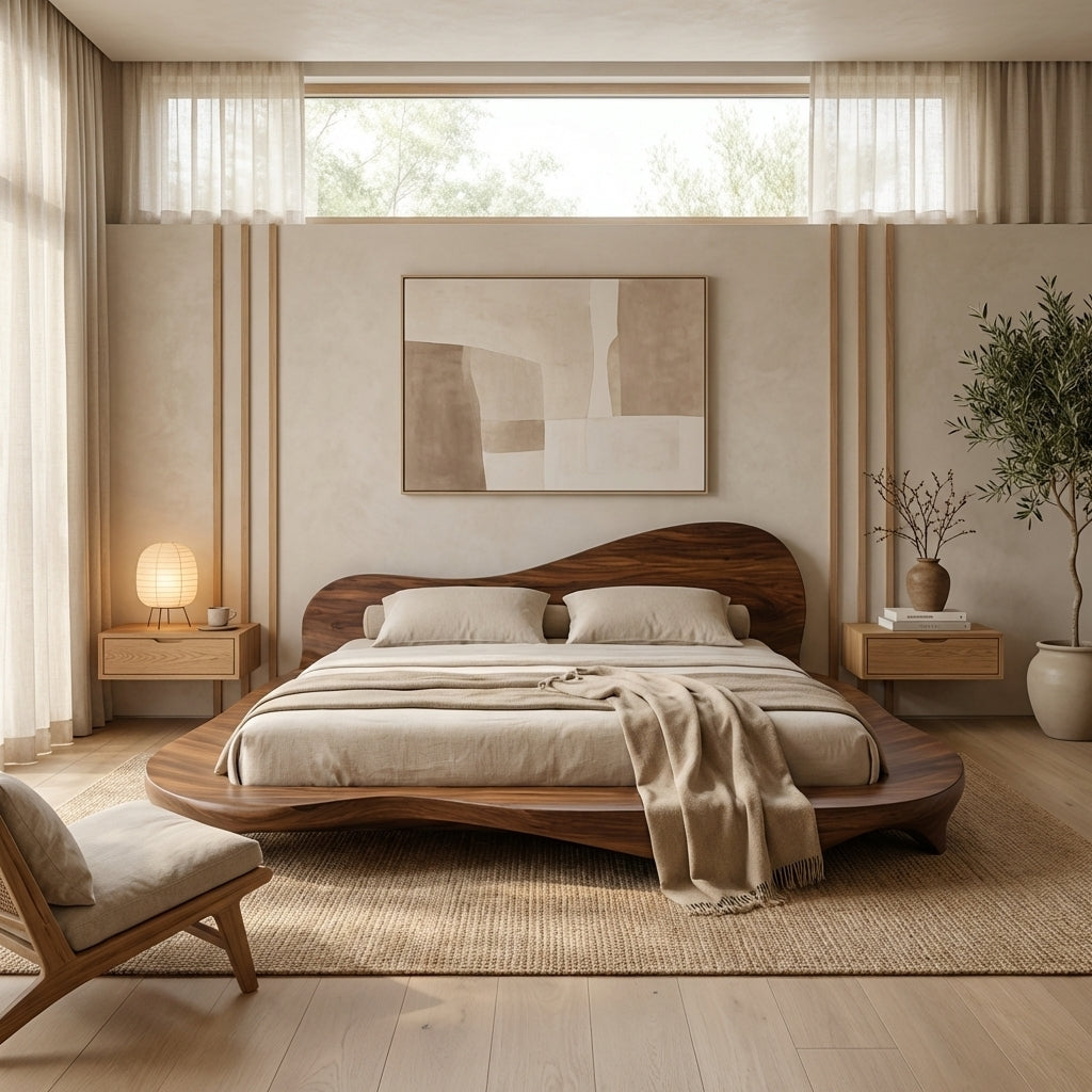 Handcrafted Solid Wood Sculptural Platform Bed, Organic Wavy Japandi Bed Frame