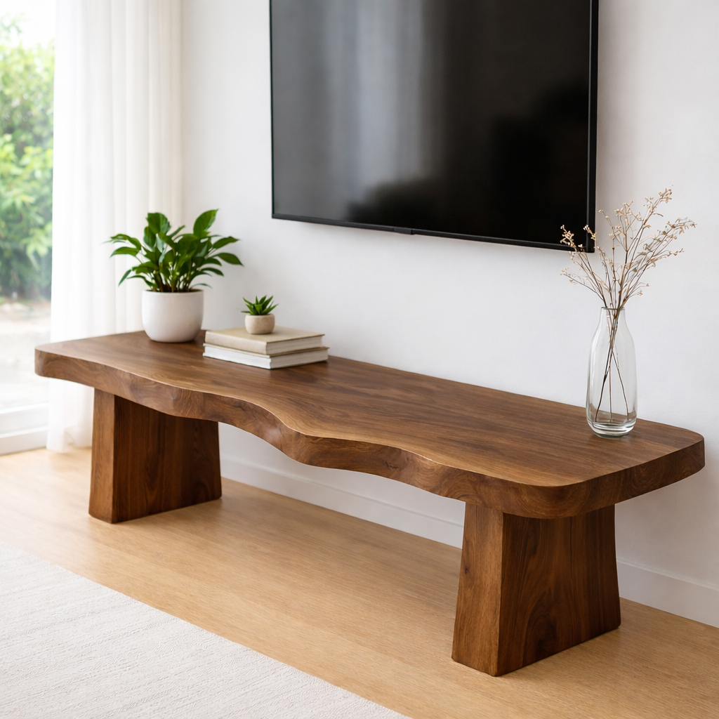Live Edge Solid Wood TV Stand – Rustic Walnut Media Console Table for Living Room