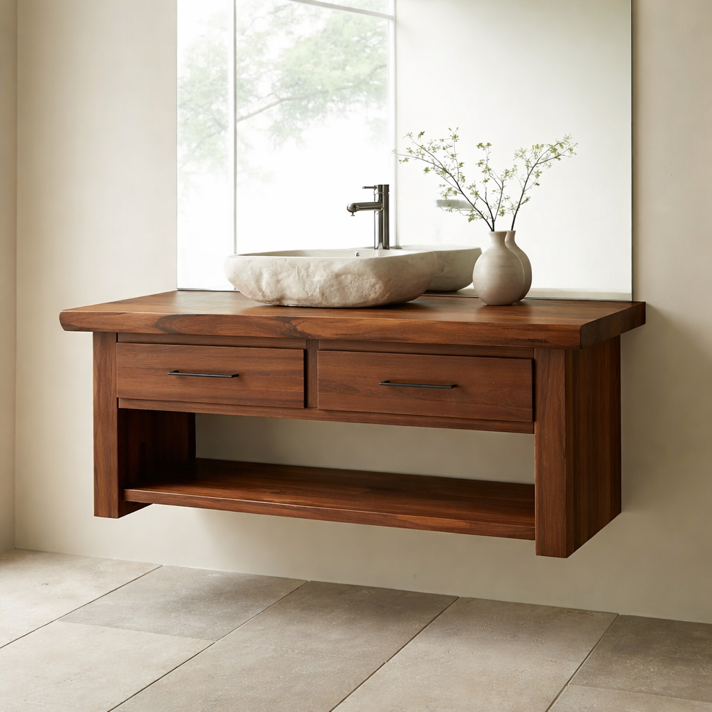 Floating Solid Wood Bathroom Vanity with Storage Shelf