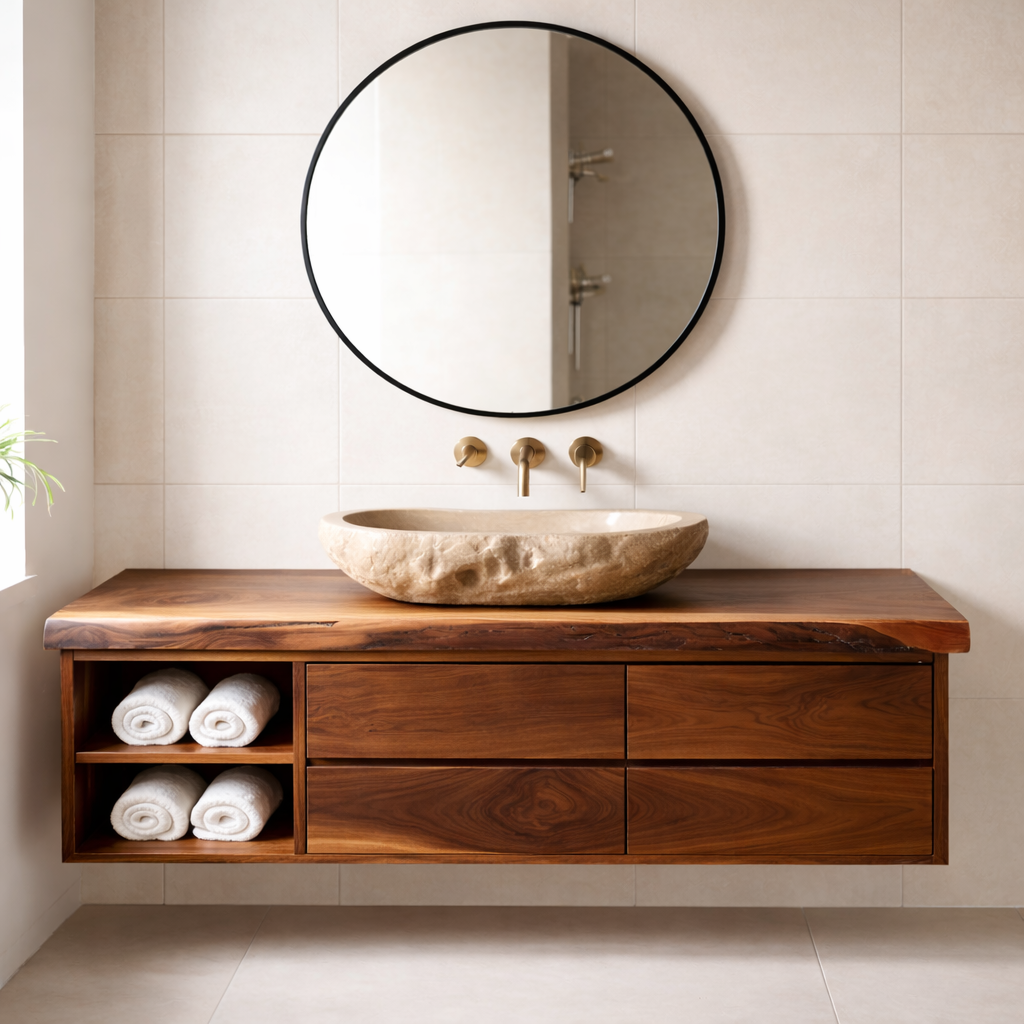Floating Solid Wood Bathroom Vanity with Live Edge Countertop, Drawers and Open Storage
