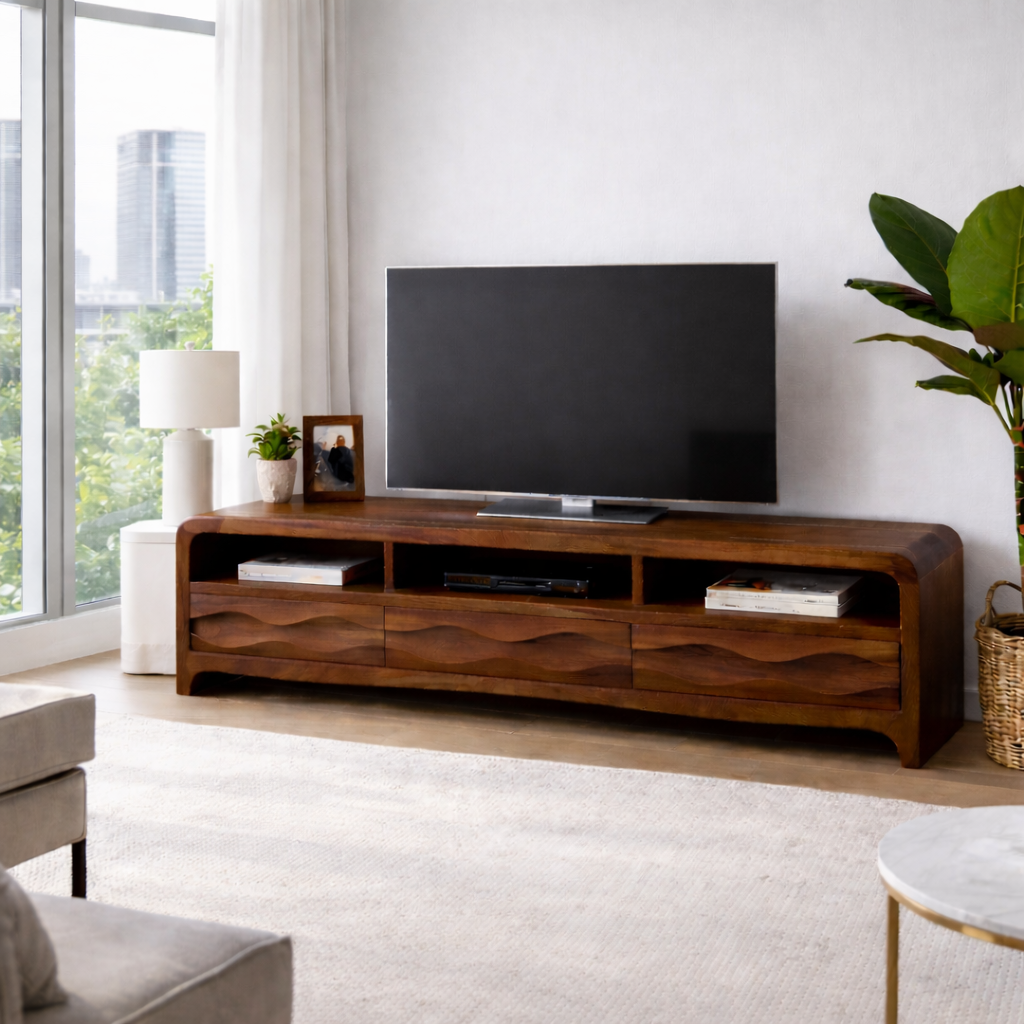 Solid Wood TV Stand with Wave-Front Drawers and Open Shelf for Stylish Living Spaces