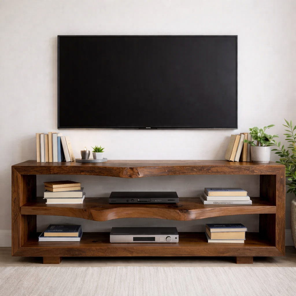 Rustic Solid Wood TV Stand with Open Shelves for Modern Living Rooms