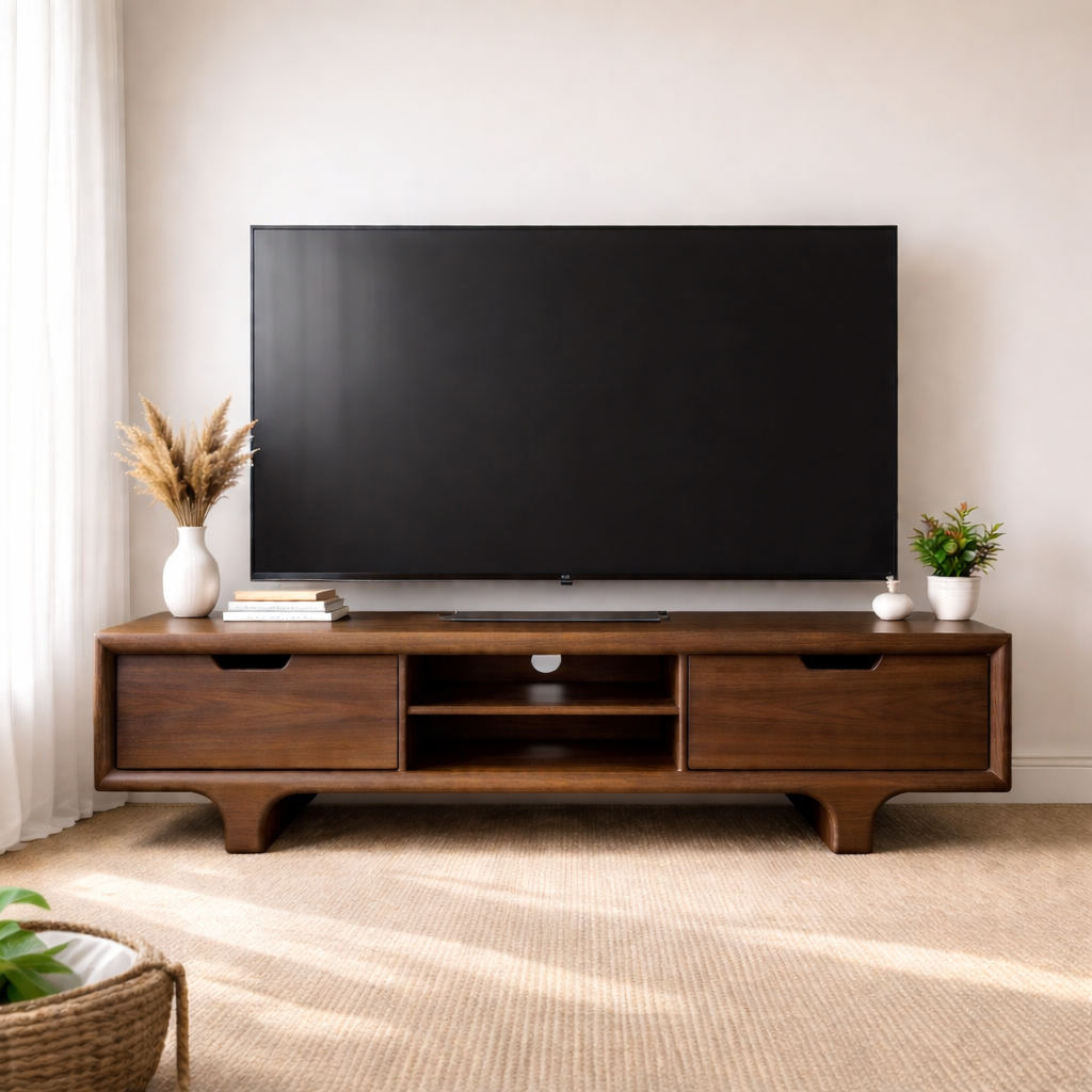 Mid Century Walnut Wood TV Stand with Drawers – Solid Wood Media Console Cabinet