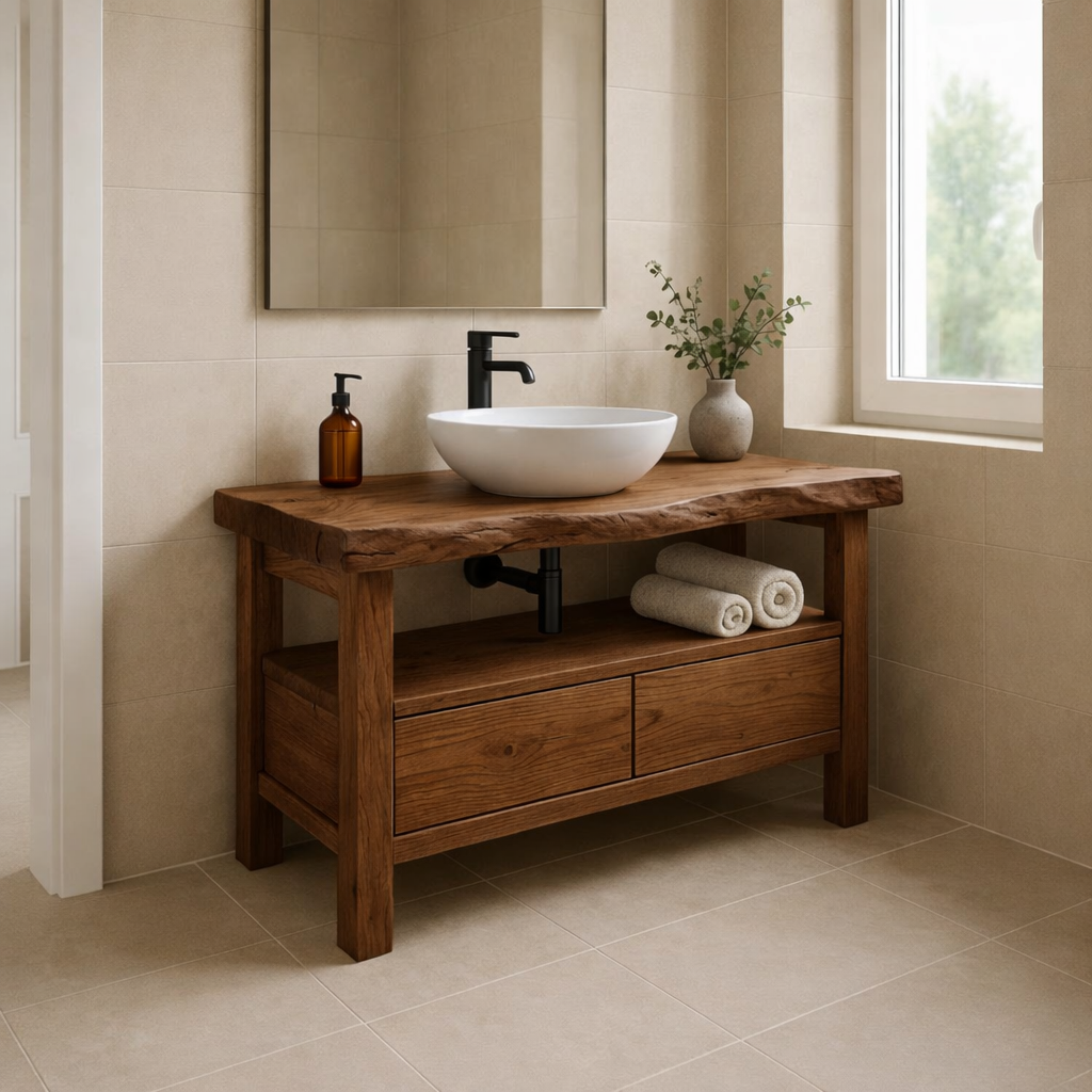 Handcrafted Solid Wood Bathroom Vanity with Dual Drawers and Open Shelf for Minimalist Bathrooms