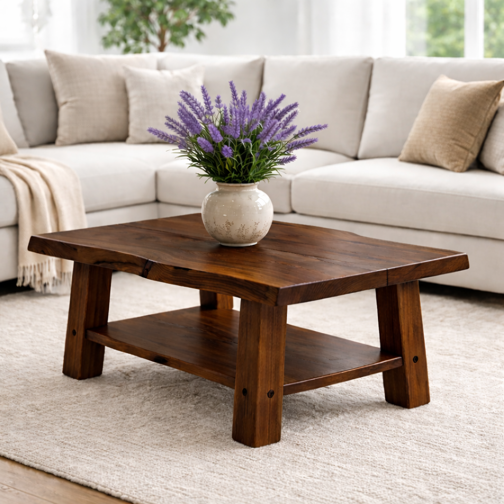 Solid Wood Coffee Table with Storage Shelf Rustic Wooden Living Room Table