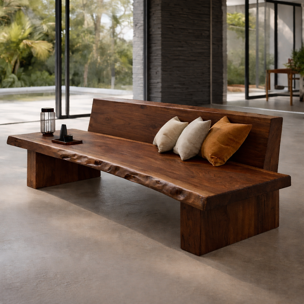Rustic Solid Wood Sofa with Live Edge Design Natural Wooden Couch for Modern Living Room