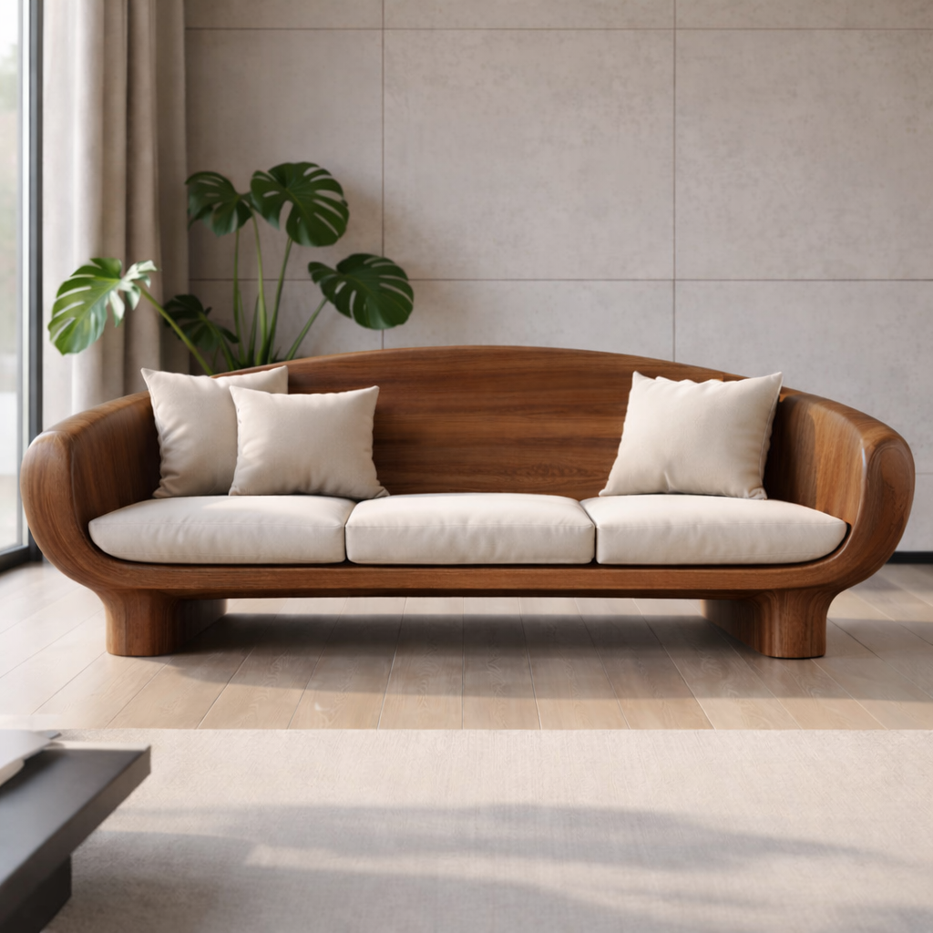 Modern Solid Oak Sofa with Curved Wooden Frame Minimalist Scandinavian Living Room Couch