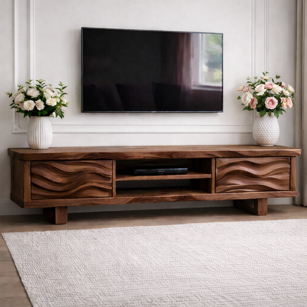 Solid Wood TV Stand with Wave Pattern Doors Modern Wooden Media Console for Living Room