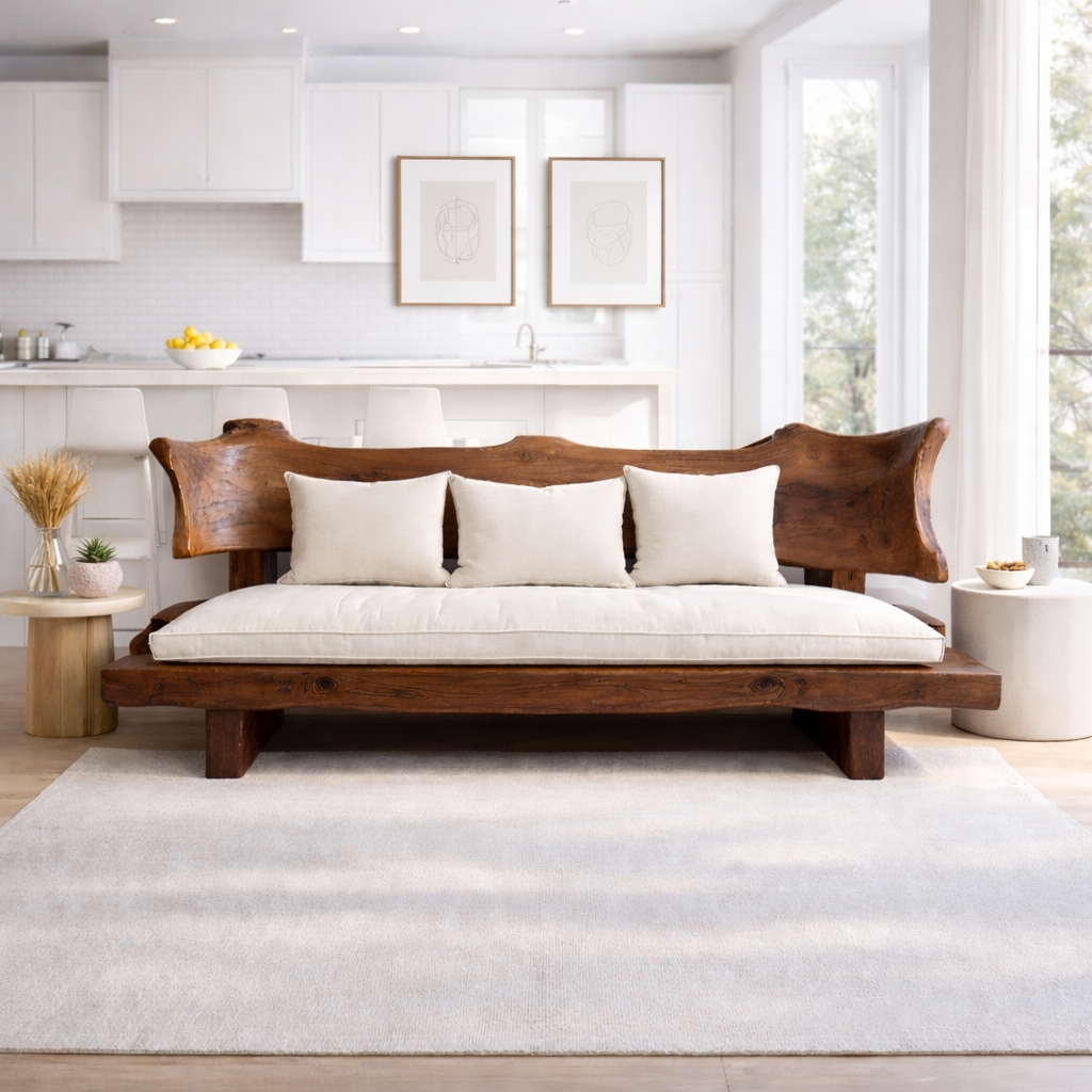 Live Edge Solid Wood Sofa Rustic Natural Wood Couch Handmade Organic Living Room Sofa