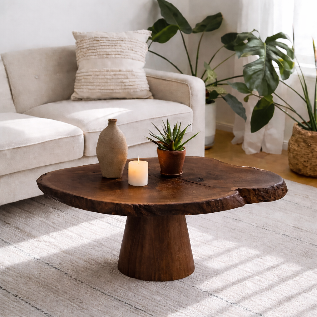 Live Edge Solid Wood Coffee Table for Living Room with Pedestal Base