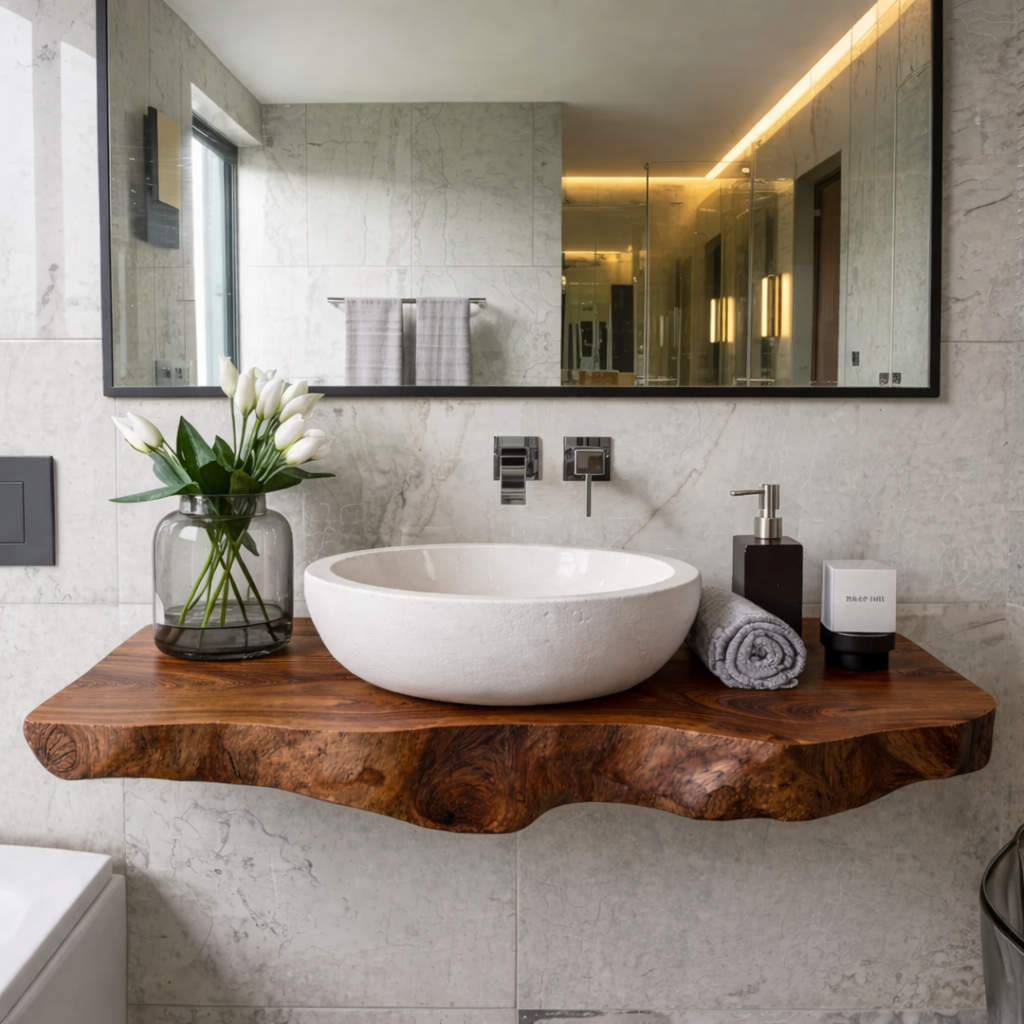 Floating Live Edge Solid Wood Bathroom Vanity Shelf – Natural Wood Wall Mounted Vanity Top