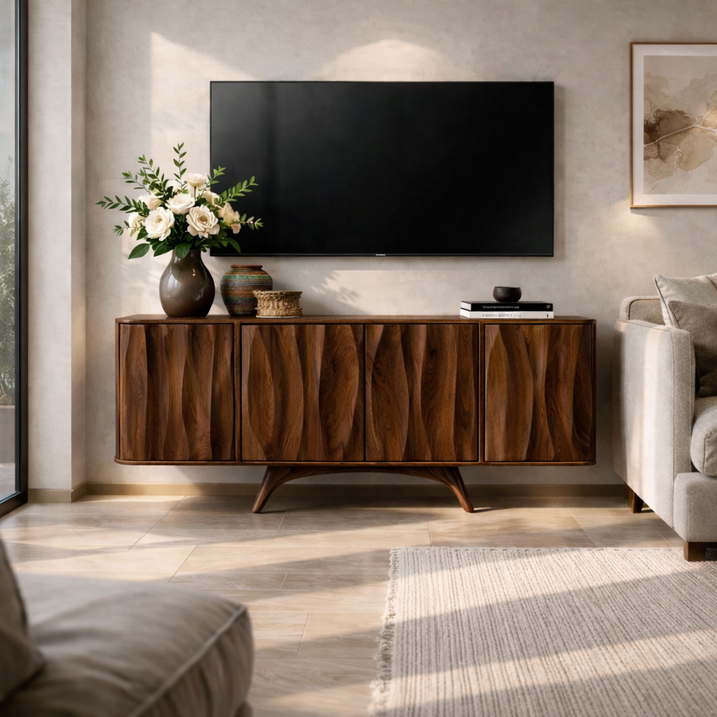 Solid Wood TV Stand for Living Room with Cabinet Storage