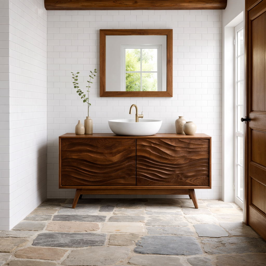 Solid Wood Bathroom Vanity with Wavy Surface Design and Storage Cabinet