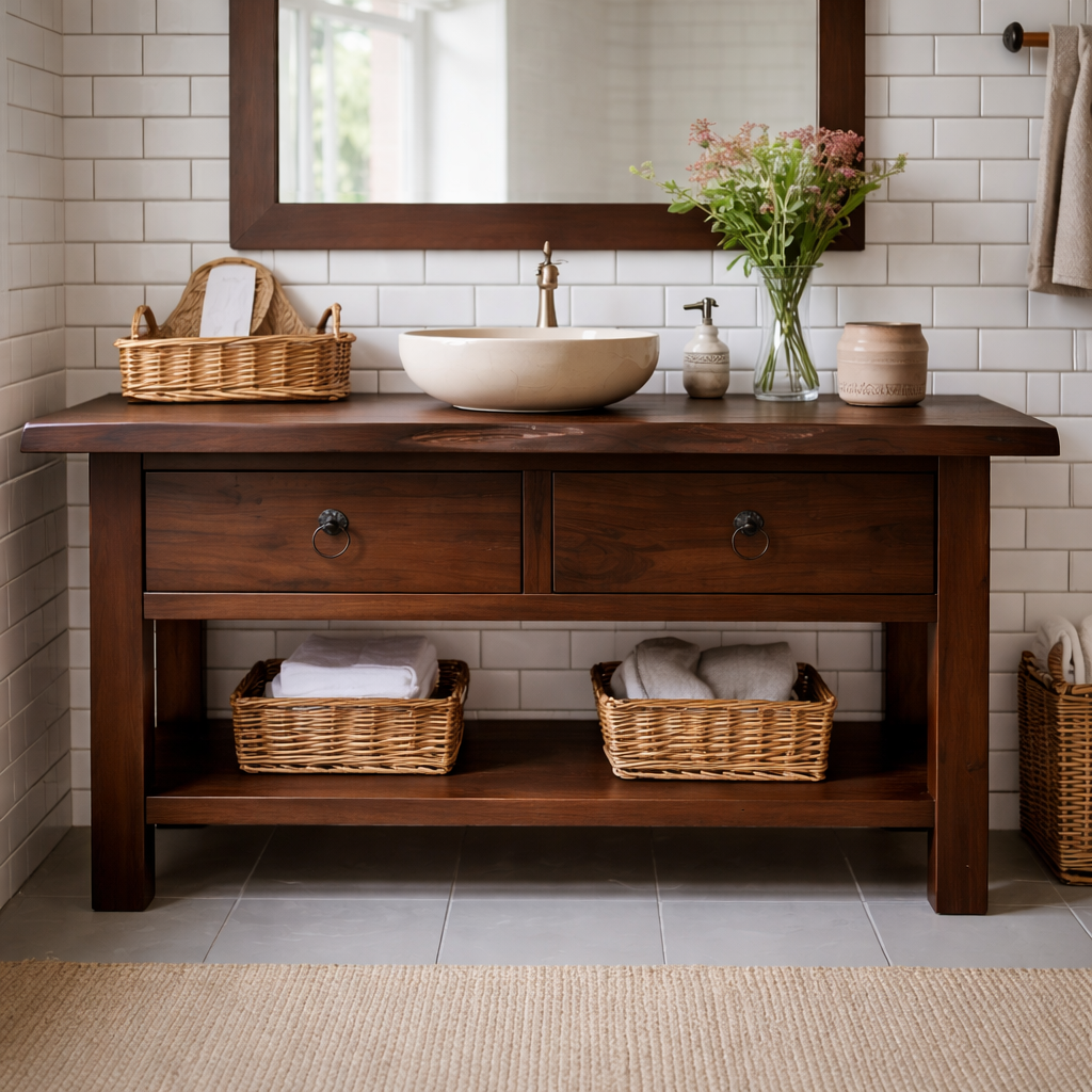 Solid Wood Bathroom Vanity with Open Shelf Storage and Double Drawer Design
