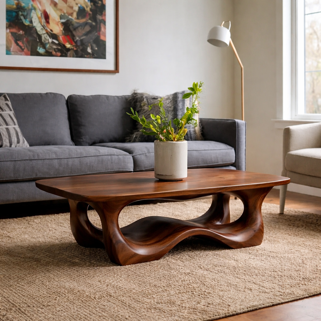 Solid Wood Coffee Table with Sculptural Base and Organic Curved Design