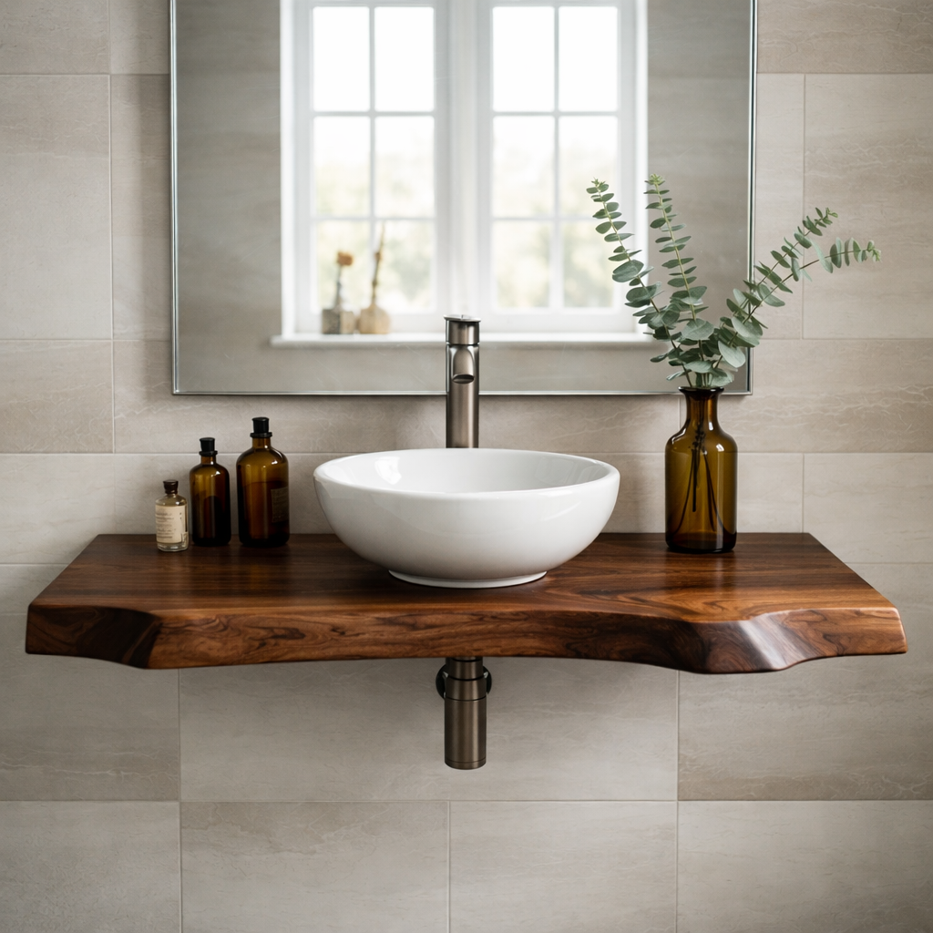 Floating Live Edge Solid Wood Bathroom Vanity – Wall Mounted Natural Wood Slab Vanity