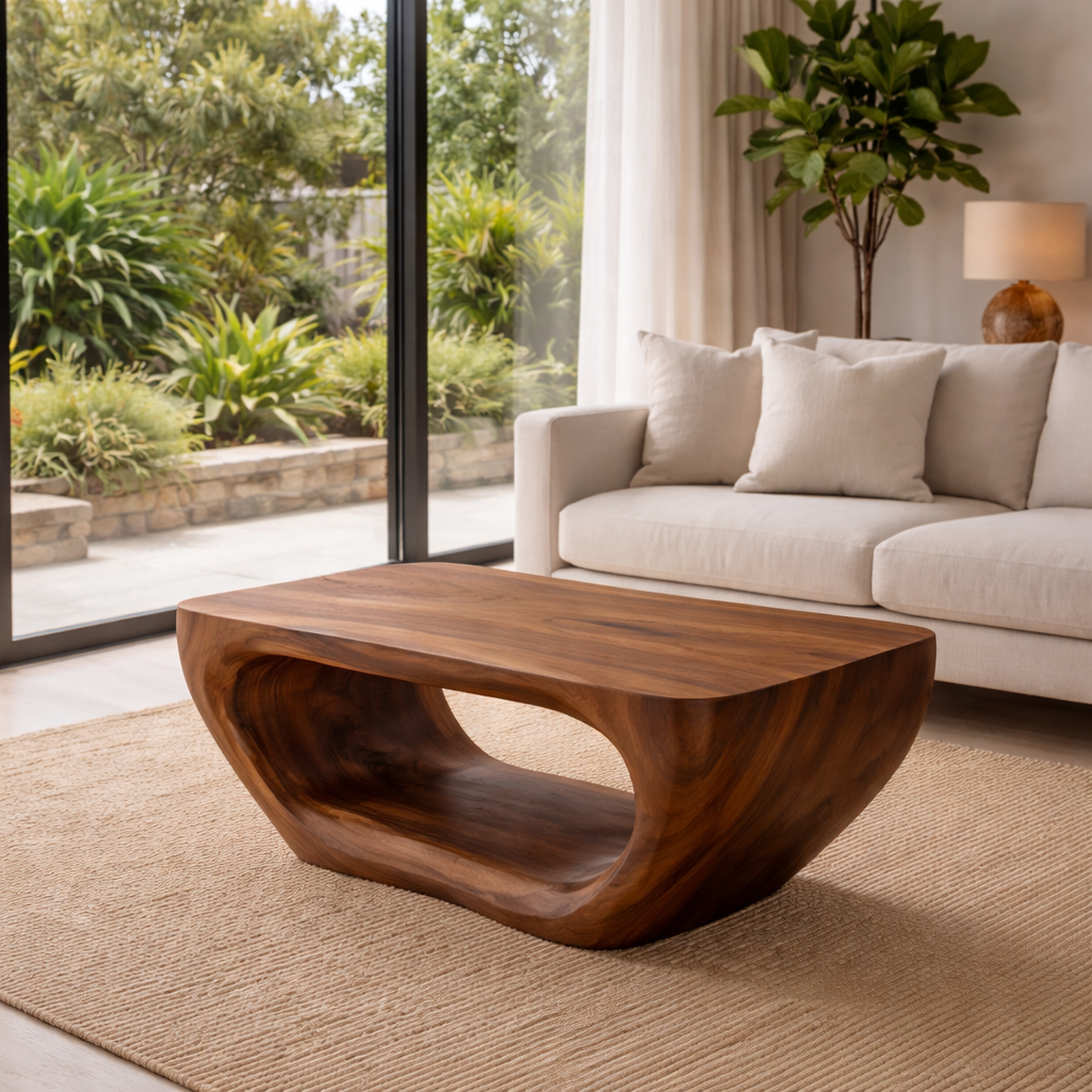Solid Wood Coffee Table with Sculptural Hollow Base and Smooth Curved Design