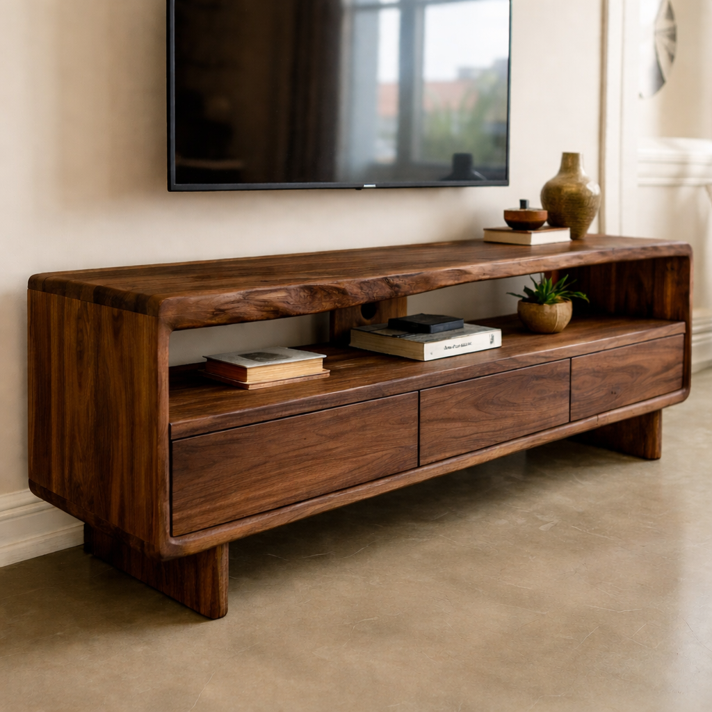 Mid Century Modern Solid Wood TV Stand – Walnut Media Console with Storage Drawers