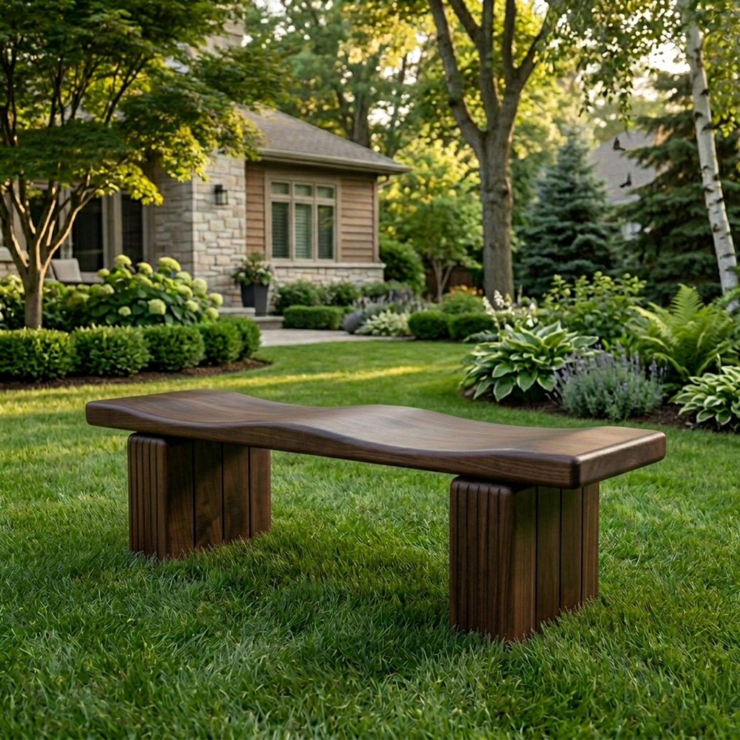 Solid Wood Outdoor Bench with Sculpted Wave Seat and Fluted Block Legs