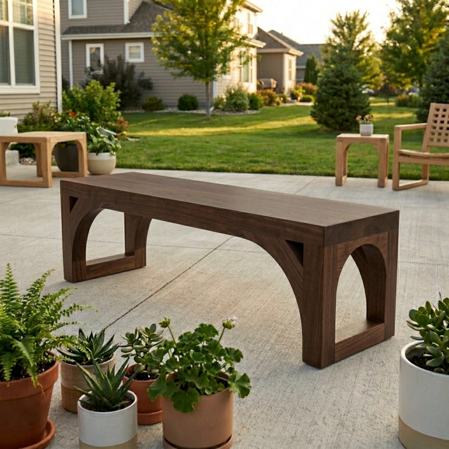 Solid Wood Outdoor Bench with Arched Base and Minimalist Rectangular Design