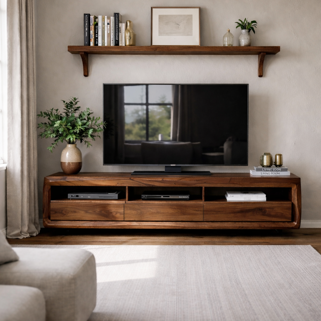Solid Wood TV Stand with Drawers and Open Shelf – Rustic Modern Wooden Media Console