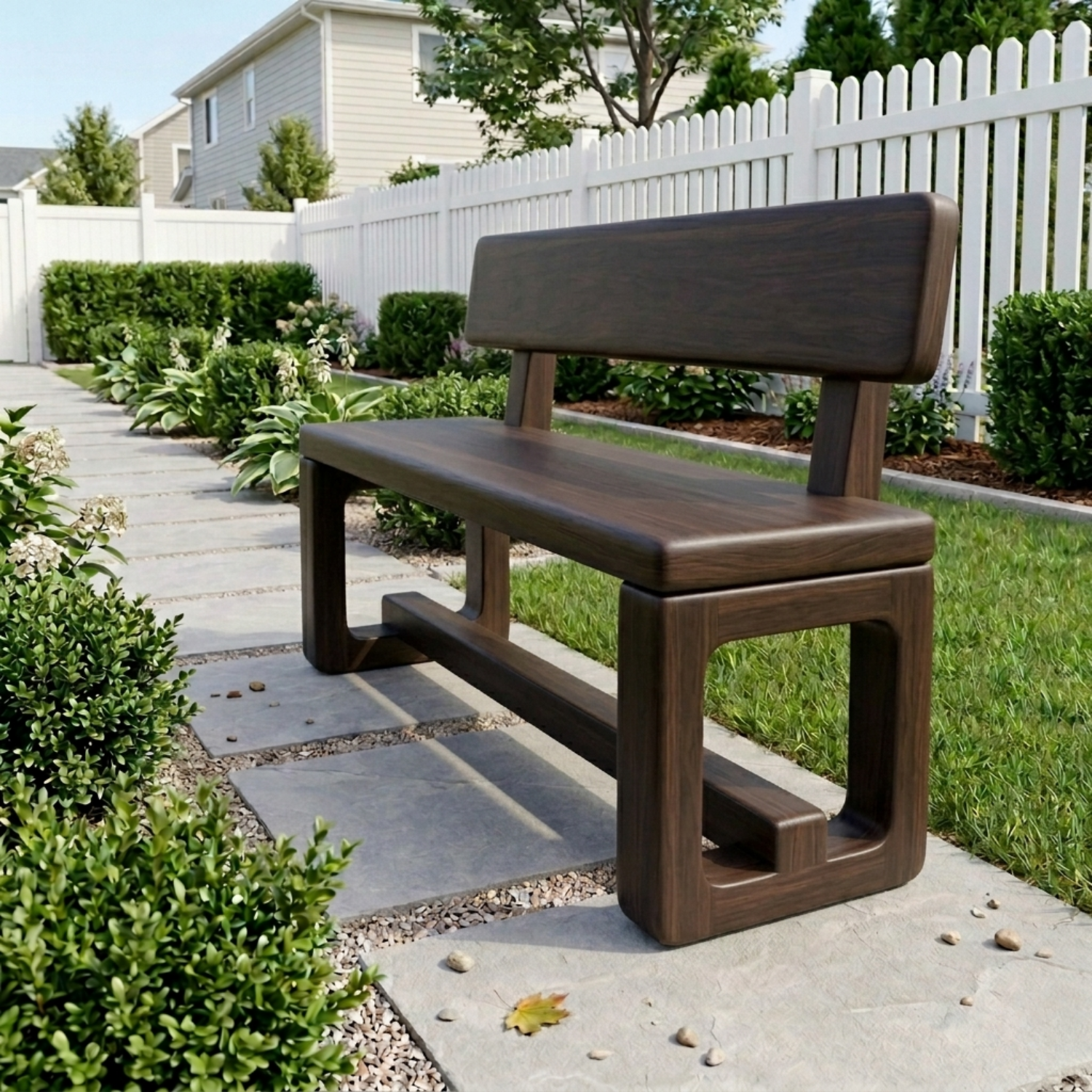 Solid Wood Outdoor Bench with Backrest and Modern Geometric Frame
