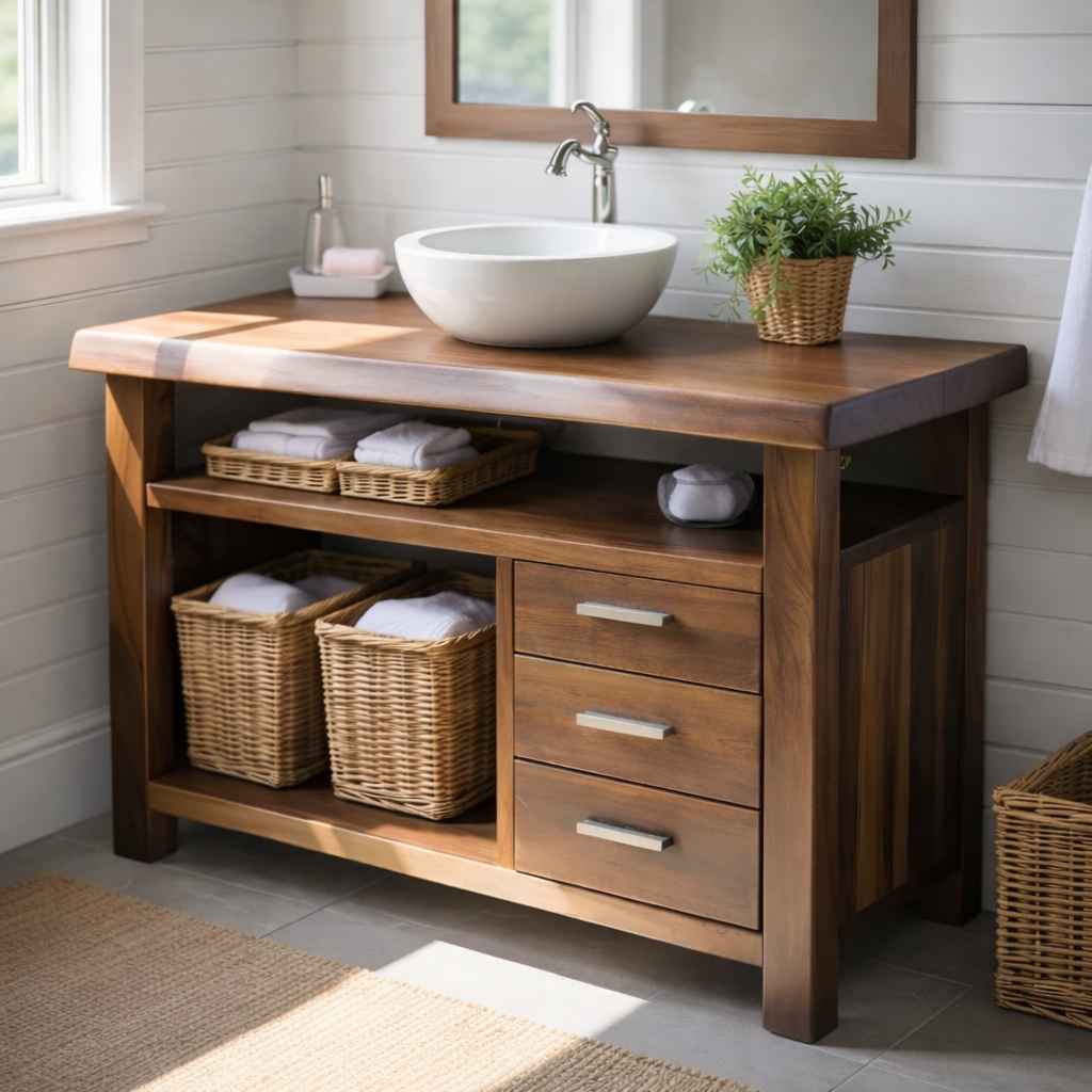 Handcraft Solid Wood Bathroom Vanity with Drawers and Open Shelf Storage