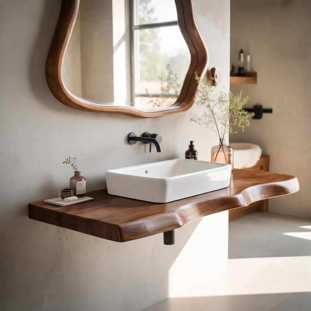 Live Edge Oak Floating Bathroom Vanity Shelf with Natural Finish