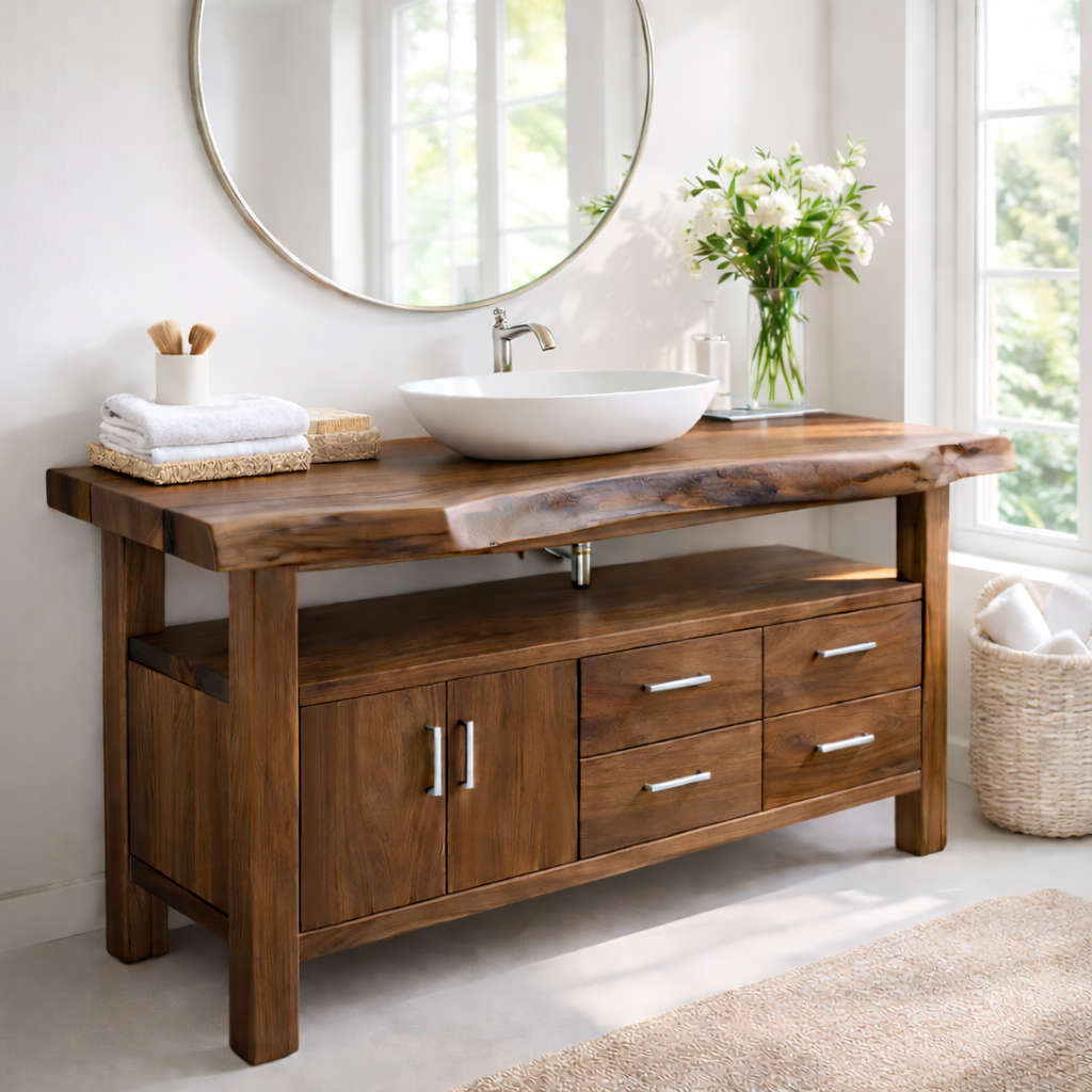 Live Edge Solid Wood Bathroom Vanity with Double Cabinet Doors, Four Drawers and Open Shelf