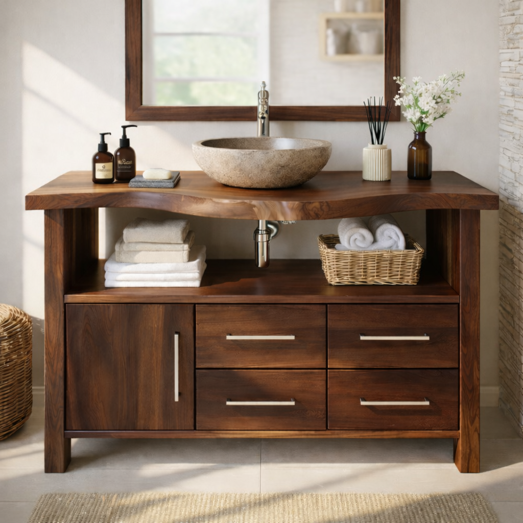 Live Edge Solid Wood Bathroom Vanity with Single Cabinet Door, Four Drawers and Open Shelf for Modern Farmhouse