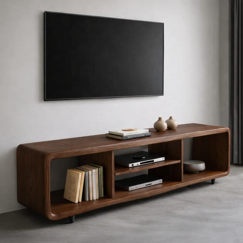 Solid Wood TV Stand with Open Shelves for Minimalist Interiors