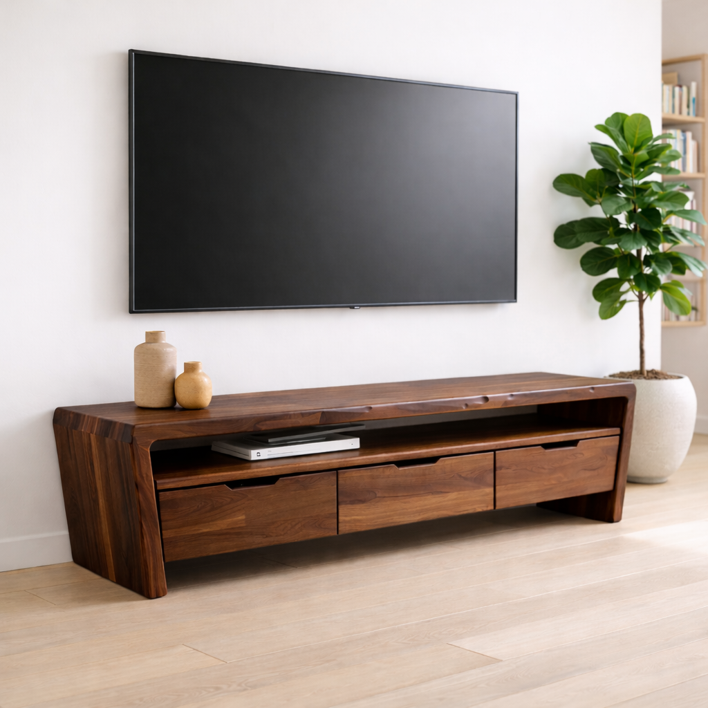 Solid Wood TV Stand with Drawers and Open Shelf for Minimalist Living Spaces
