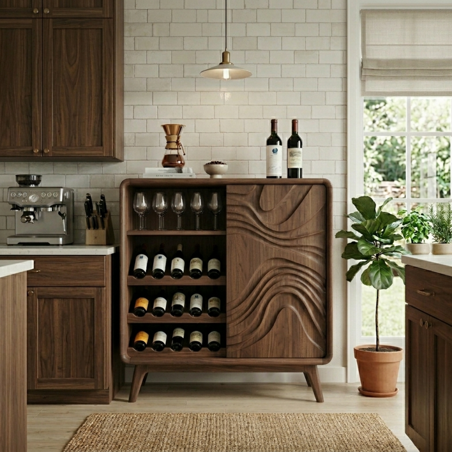 Handcrafted Solid Wood Wine Cabinet with Wave Pattern Storage and Glassware Holder