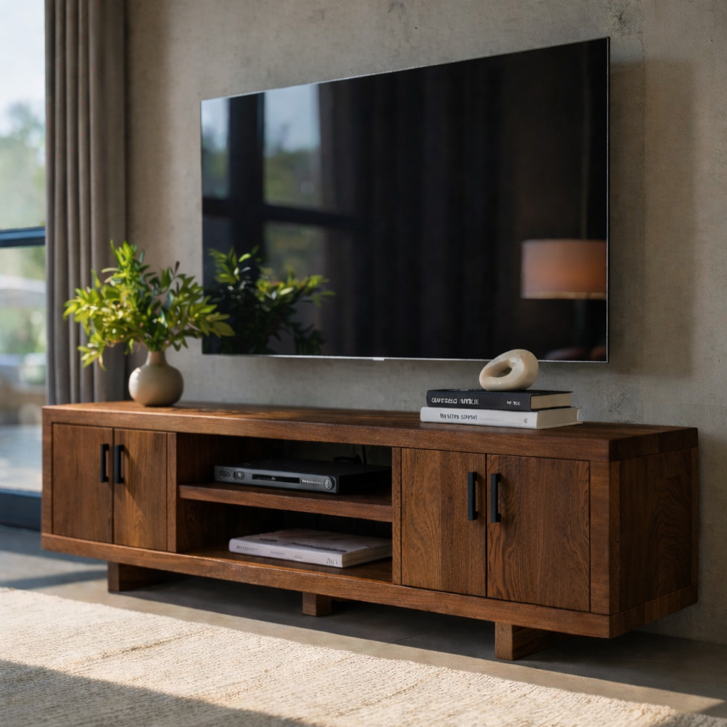 Modern Solid Wood TV Stand with Storage Cabinets and Open Media Shelf