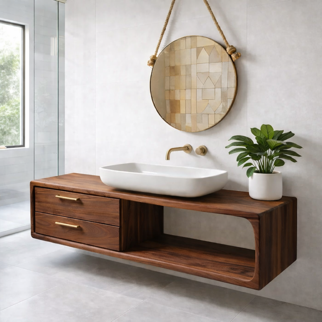Modern Solid Wood Floating Bathroom Vanity with Double Drawers and Open Shelf
