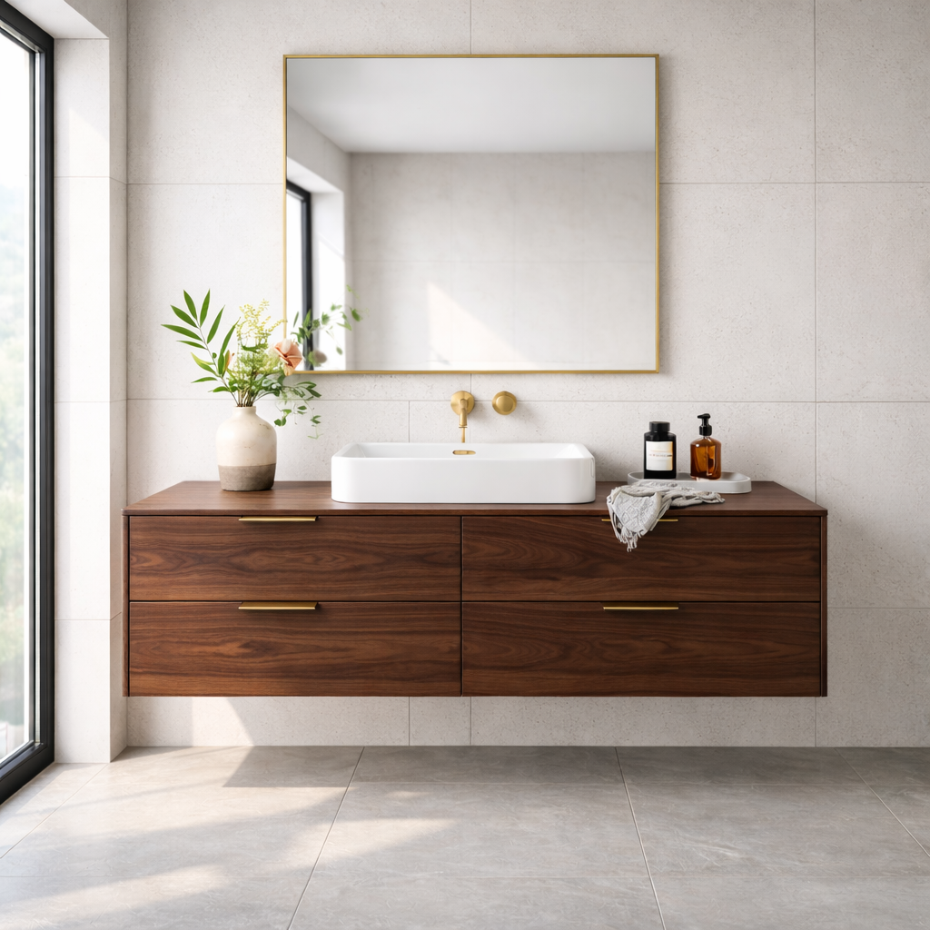 Modern Solid Wood Floating Bathroom Vanity with Four Storage Drawers