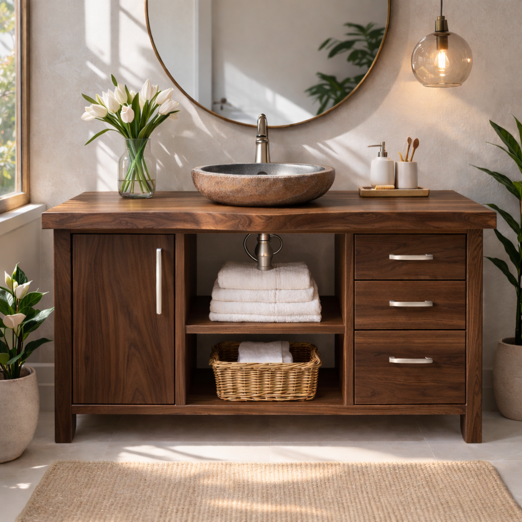 Modern Solid Wood Bathroom Vanity with Side Cabinet, Three Drawers and Open Display Shelving