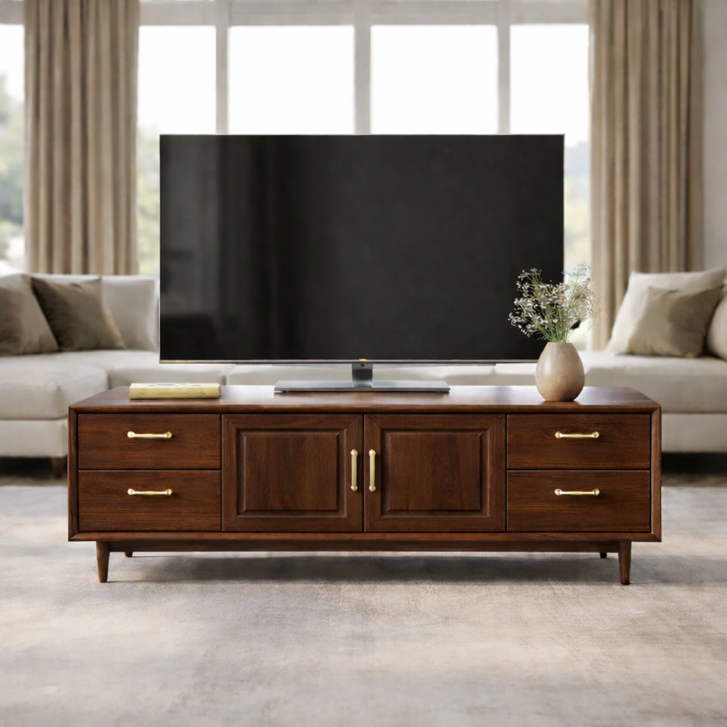 Mid-Century Solid Wood TV Stand with Drawers and Cabinet Storage