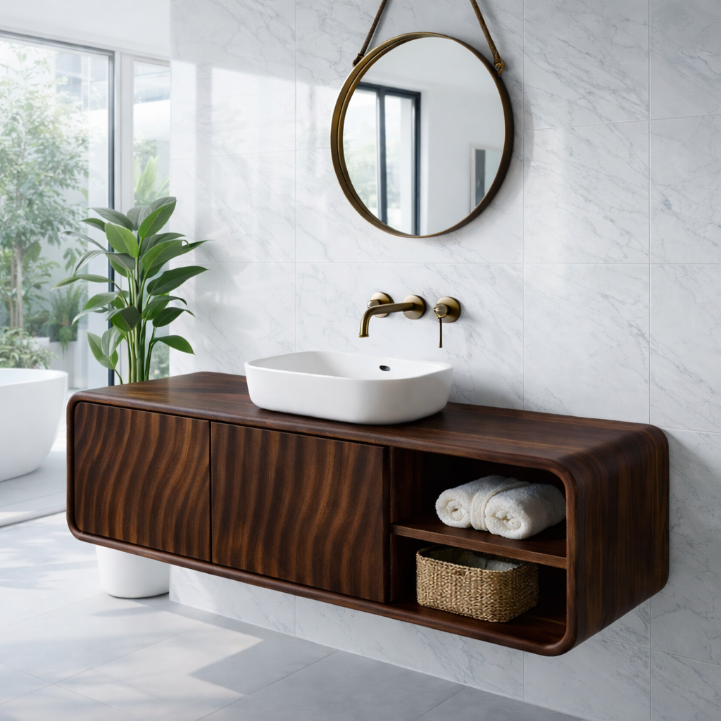 Modern Floating Solid Wood Bathroom Vanity with Wave Grain Cabinet Doors