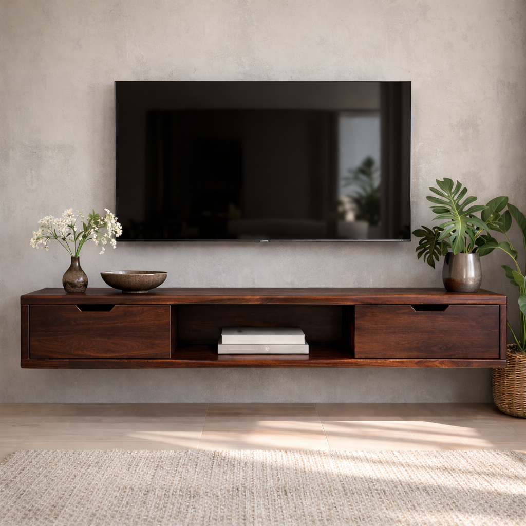 Floating Walnut Wood TV Stand with Drawers and Open Media Shelf