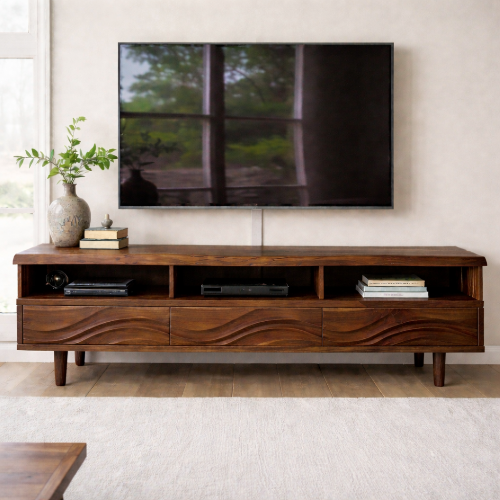 Modern Solid Wood TV Stand with Wave Drawer Fronts and Open Media Shelves