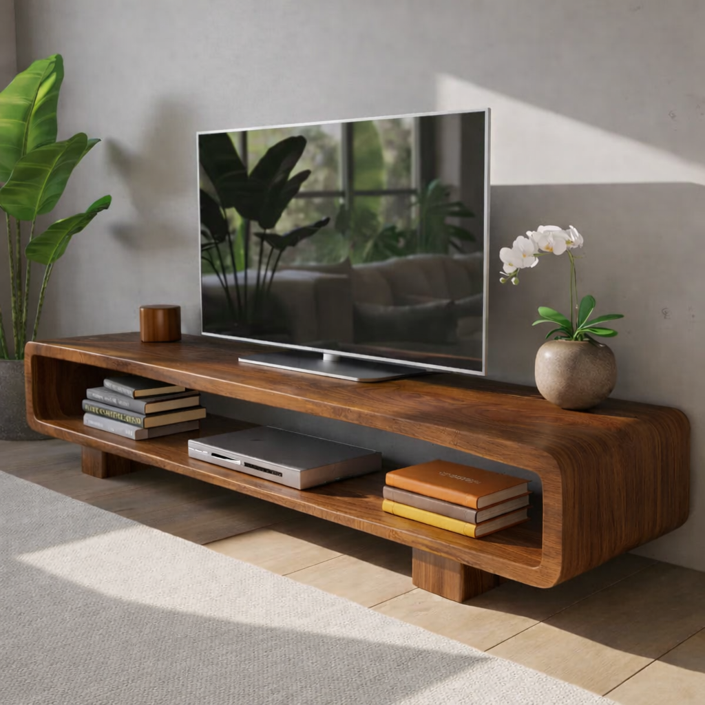 Modern Solid Oak TV Stand with Open Shelf Storage, Minimalist Wooden Media Console