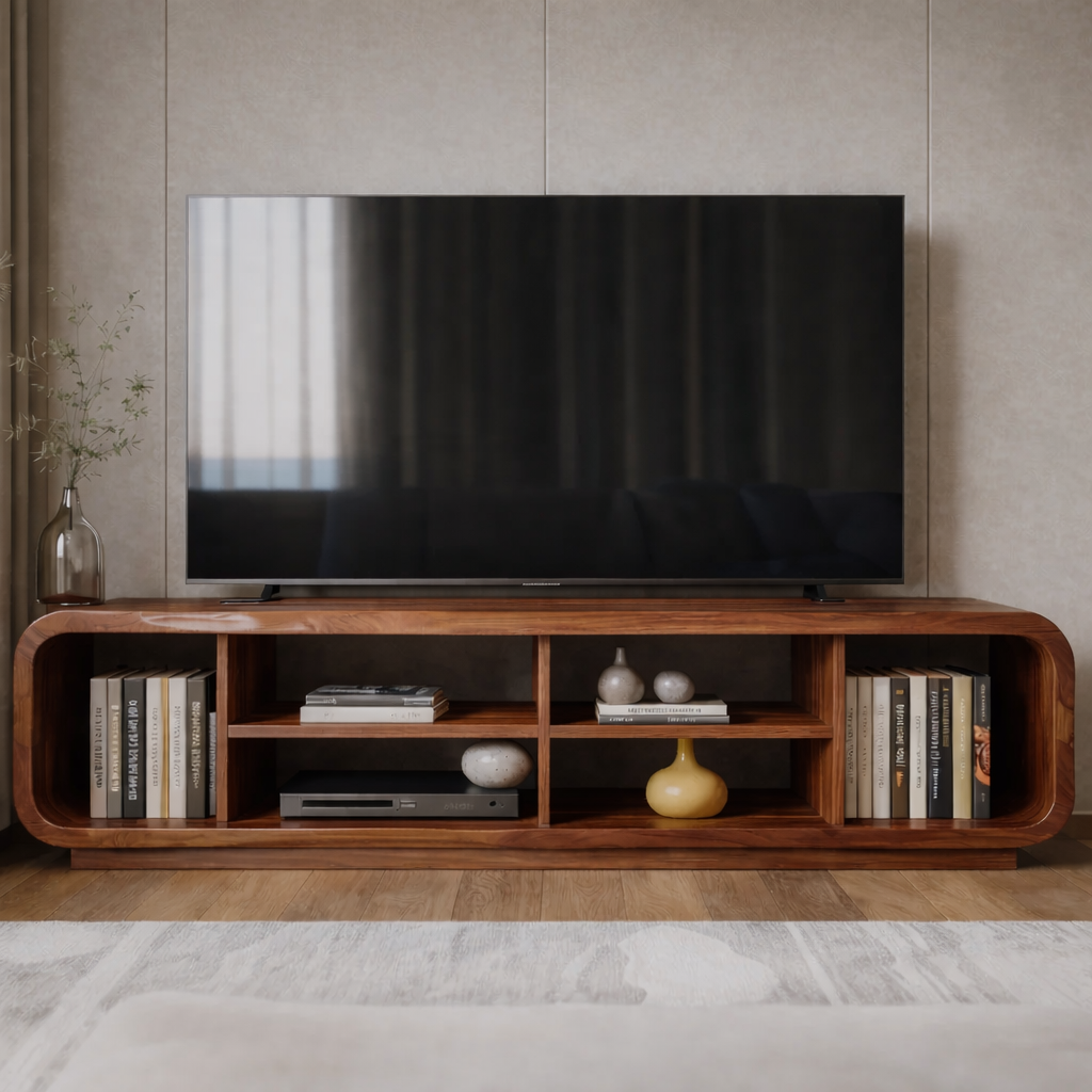 Modern Solid Wood TV Stand with Open Shelf Storage, Walnut Media Console for Living Room