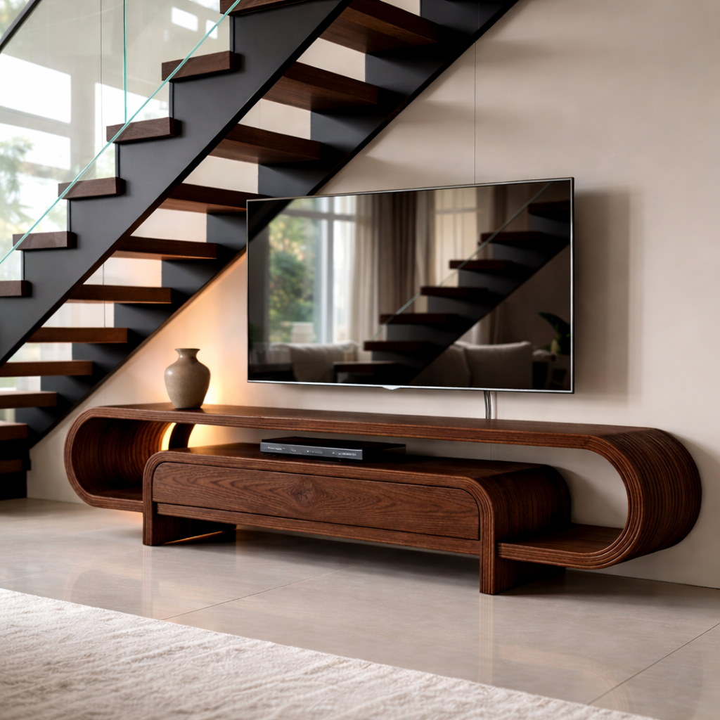 Curved Solid Wood TV Stand with Drawer and Shelf, Modern Walnut Media Console Table